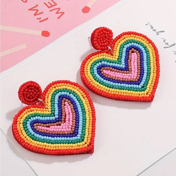 Colorful Beaded Hearts Earrings - Picture 2 of 4